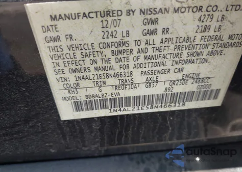 2008 Nissan Altima 2.5 S из США, поврежденный, VIN 1N4AL21E58N466318